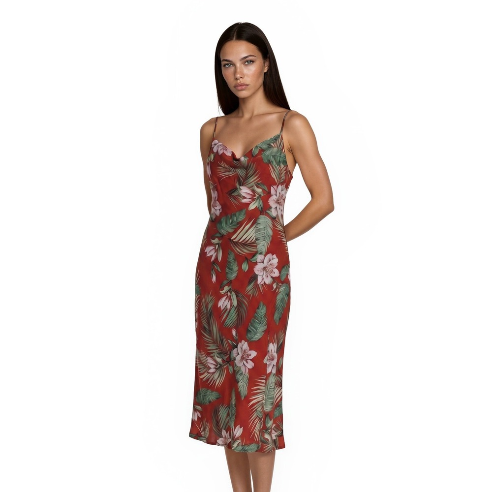 Paper Heart Midi‎ Dress Women's Size Medium Red Tropical Floral Drape Hawaiian